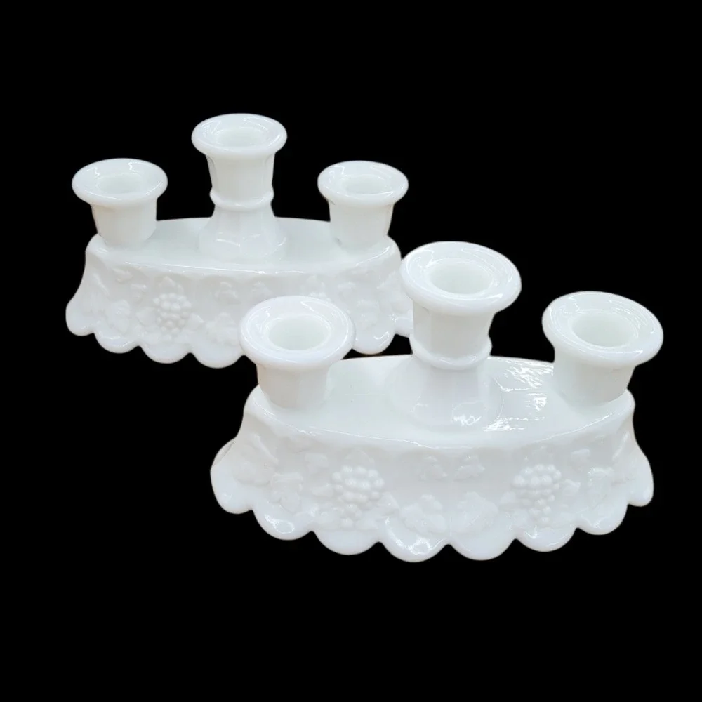 Westmoreland‎ Milk Glass Grape Triple Candelabra Pair Scalloped Base Set 2